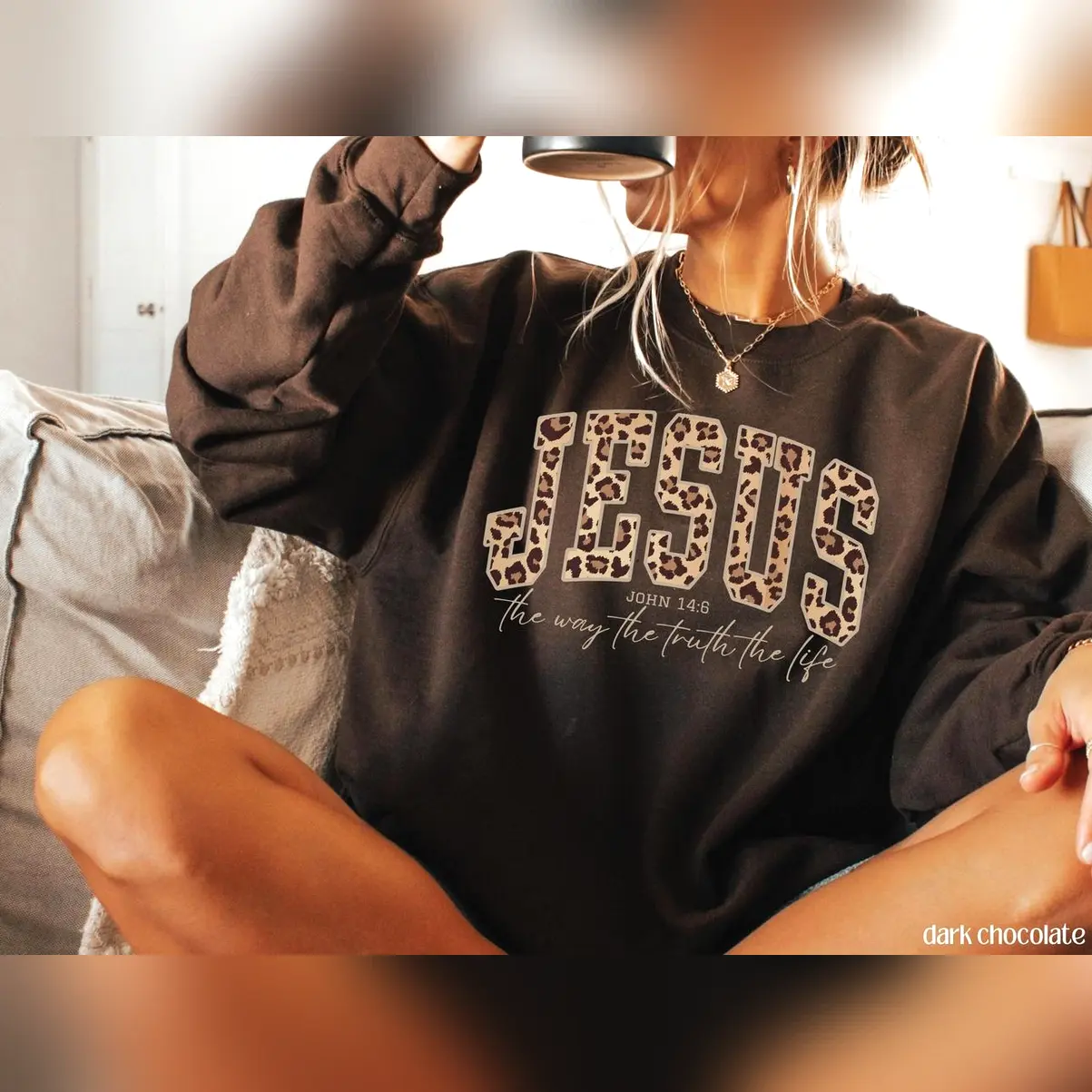 Women's Christian Graphic Tops with Cheetah Print, Casual Street Style Faith Fashion Tee, Comfy Cotton Blend Bible Verse Sweatshirt