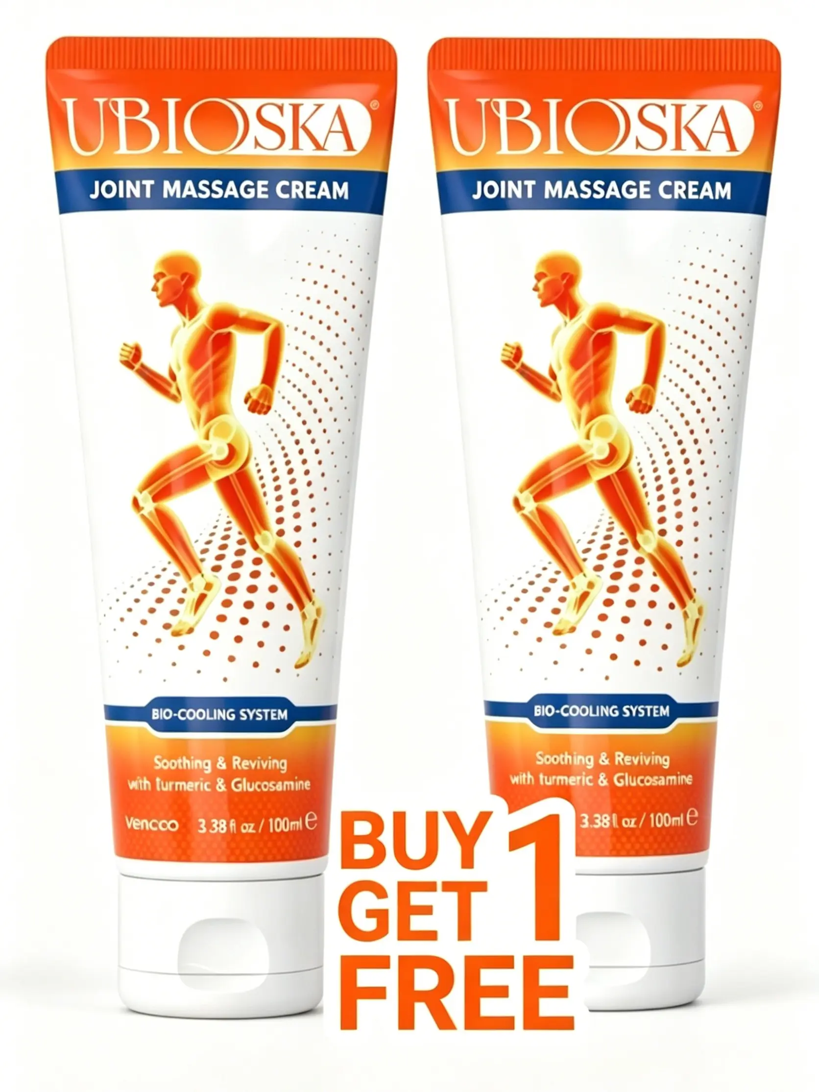 [Buy 1 Get 1 Free] UBIOSKA Joint Massage Cream 100ml/3.4 fl oz | With Glucosamine, Chondroitin, Hyaluronic acid, Menthol, Turmeric and MSM | Ideal For Neck, Shoulder, Back, Knee, Foot & Muscle Comfort | Portable, Travel-Friendly