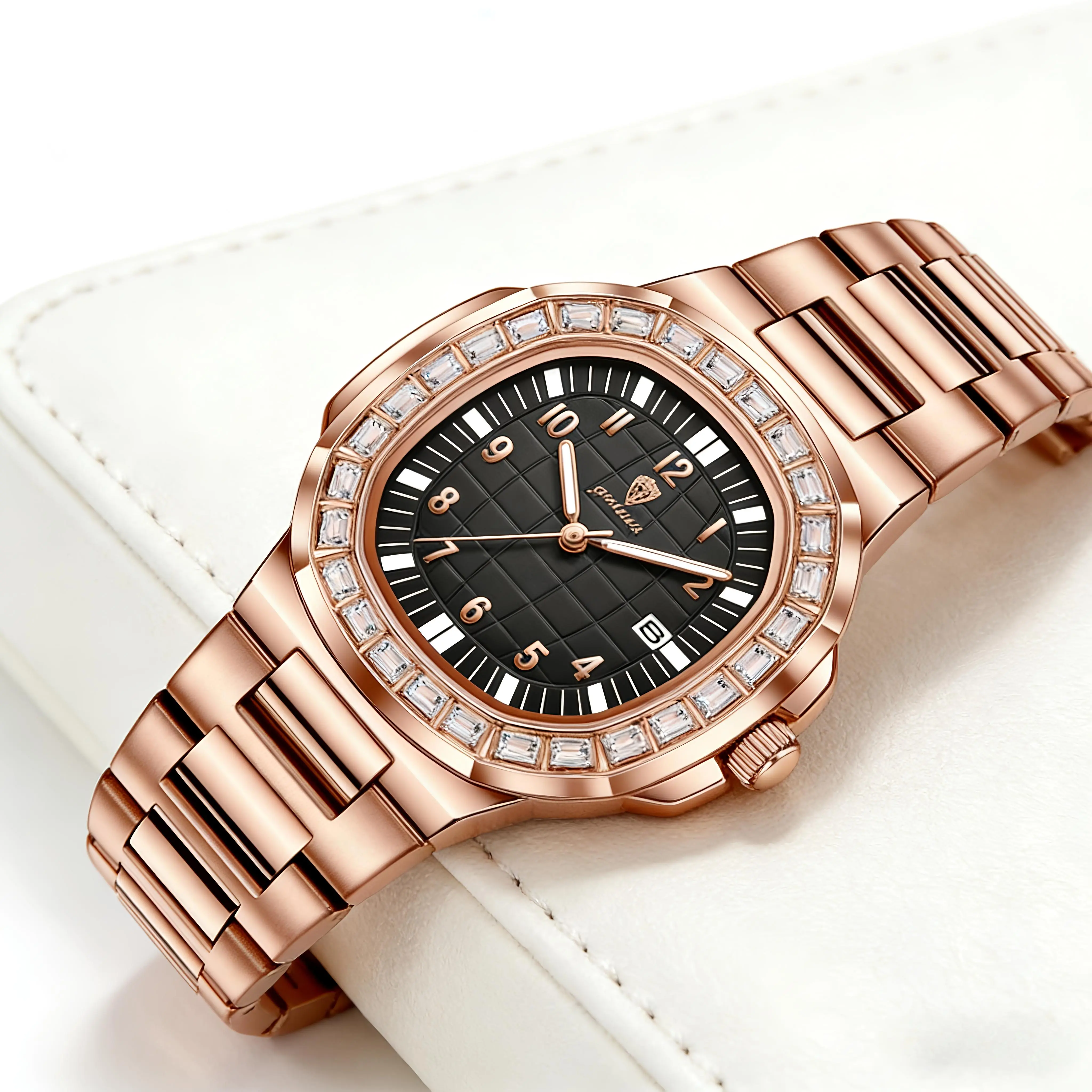 Men's Luxury 38mm Rose Gold Alloy Tonneau Wristwatch - Diamond Bezel, Hardlex Glass, Crystal Encrusted, Diamond Cut Edges, Black & Gold Accents, Hidden Clasp, <30m Waterproof, Batteries Included, Full Gift Box Set for Formal Events