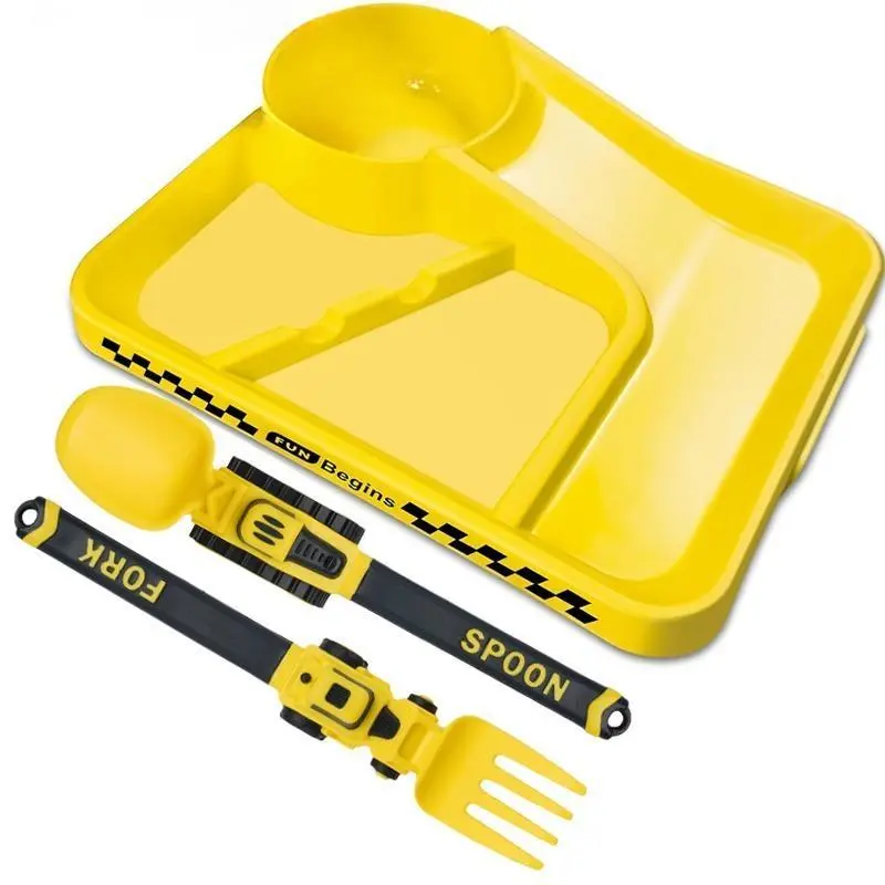 Summerwins Toddler Racing Car Themed Tableware Set (1-Set) – Toddler Gifts, Easy-Grip Self-Feeding Utensils, Divided Cartoon Dinner Plate, Fork, Spoon, Food-Safe, Dishwasher-Safe for Home, School, Kids-Safe Children's Sets, Lead-Free Children's Sets