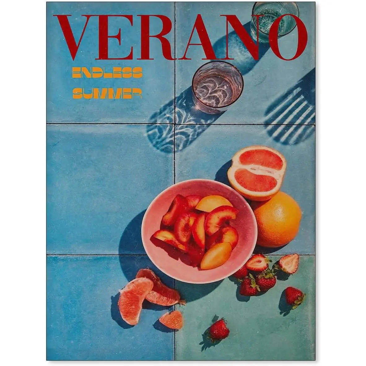 70s Vintage Minimalist Blue & Orange Strawberry Canvas Print - Artistic Home Decor Poster, Gift for Wardrobe Accent, Plaid & Polka Dot Themed Wall Art for Kitchen & Bedroom, Modern Home Decor