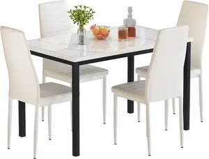 LinkRomat 5 Pieces Dining Table Set, Kitchen Table Set with Faux Marble Top Table and 4 Faux Leather Upholstered Chairs for Kitchen, Breakfast Nook, Dining Room, White+Beige Furniture Modern