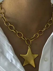 Vintage Chic Punk Hip-Hop Unique Exquisite Exaggerated Big Star Pendant Cuban Chain Necklace, Gift for Her, Fashion Jewelry Accessories for Women & Men