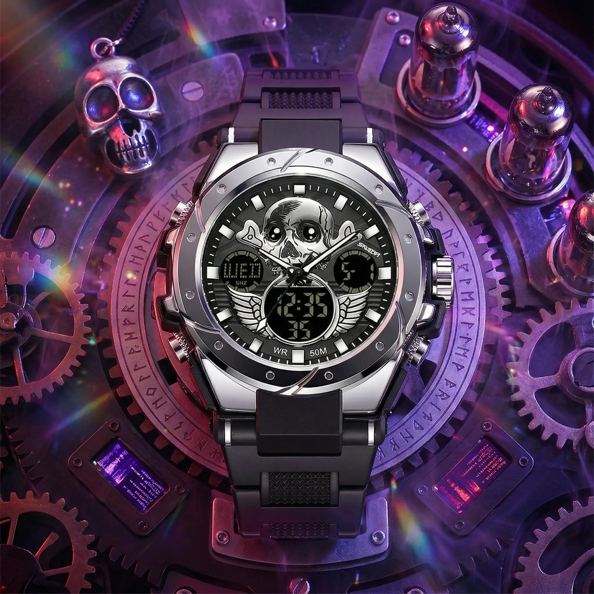 Men's Sports Watch 3D Realistic Skull Design - 50M Waterproof Tactical Dual Display Wristwatch with Silicone Strap Stop Watch Alarm Day-Date for Streetwear Goth Punk & Outdoor Styles