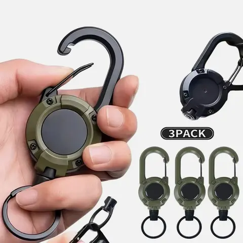 Unisex 3-Pack Heavy-Duty Retractable Badge Reels, Multifunctional Keys Holder Keychain Set, 60cm Steel Cord, 10oz Capacity, Saltwater-Resistant Tactical Gear and Accessories for Adults (Black/Military Green)