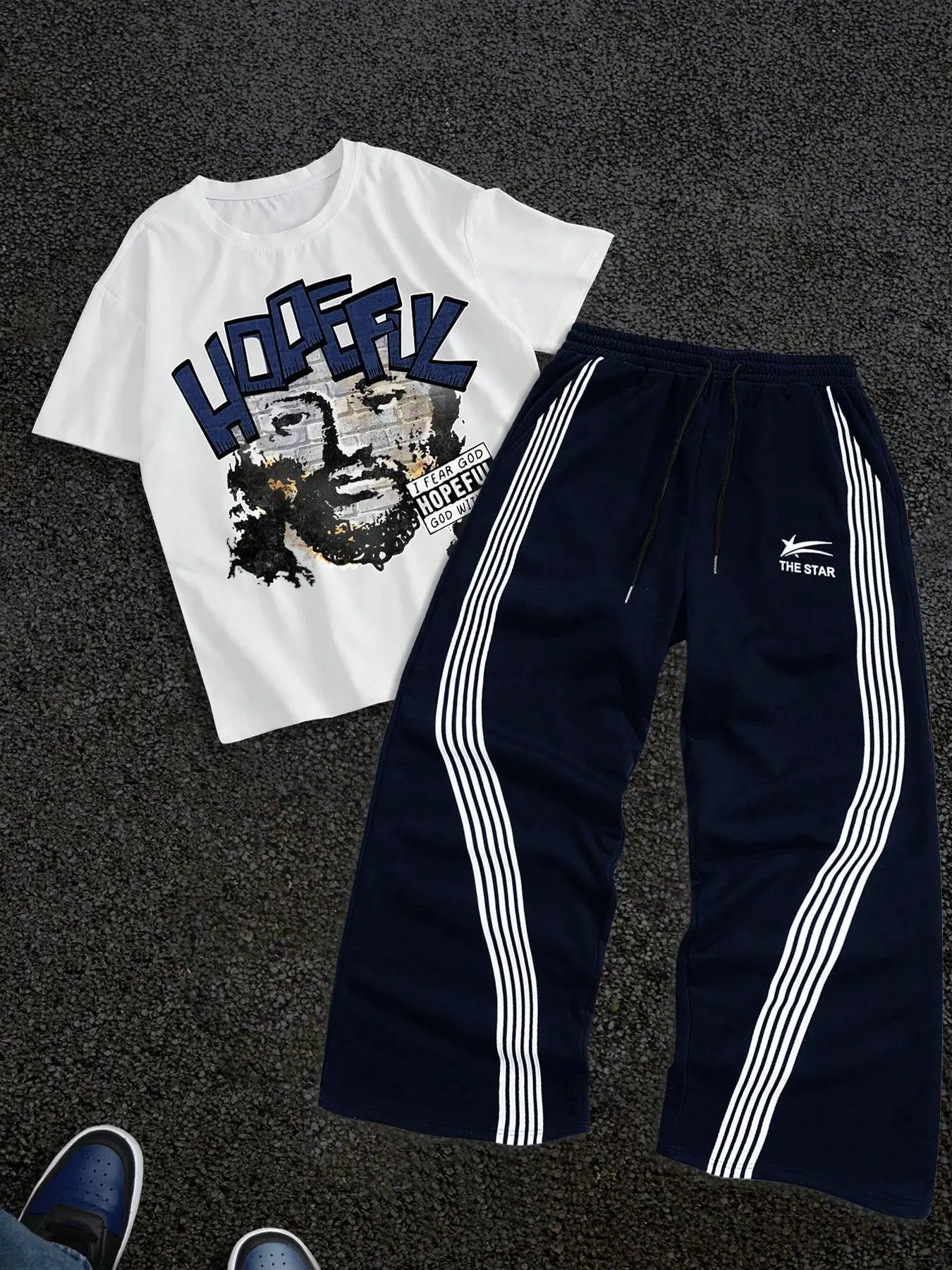 Men's Letter Print Short Sleeve Graphic Tee & Side Stripe Drawstring Waist Pants Two-piece Set, Regular Fit Round Neck T-shirt & Pocket Trousers, Casual Fashion Cozy Breathable Men Outfits Clothes for Spring & Fall