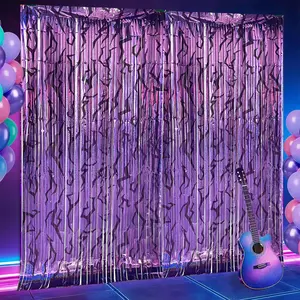 2Pack Purple Foil Fringe Curtain Backdrop, Metallic Tinsel Streamer Door Curtain with Lightning Pattern for Birthday Party, Halloween, Disco, Photo Booth Background Decorations