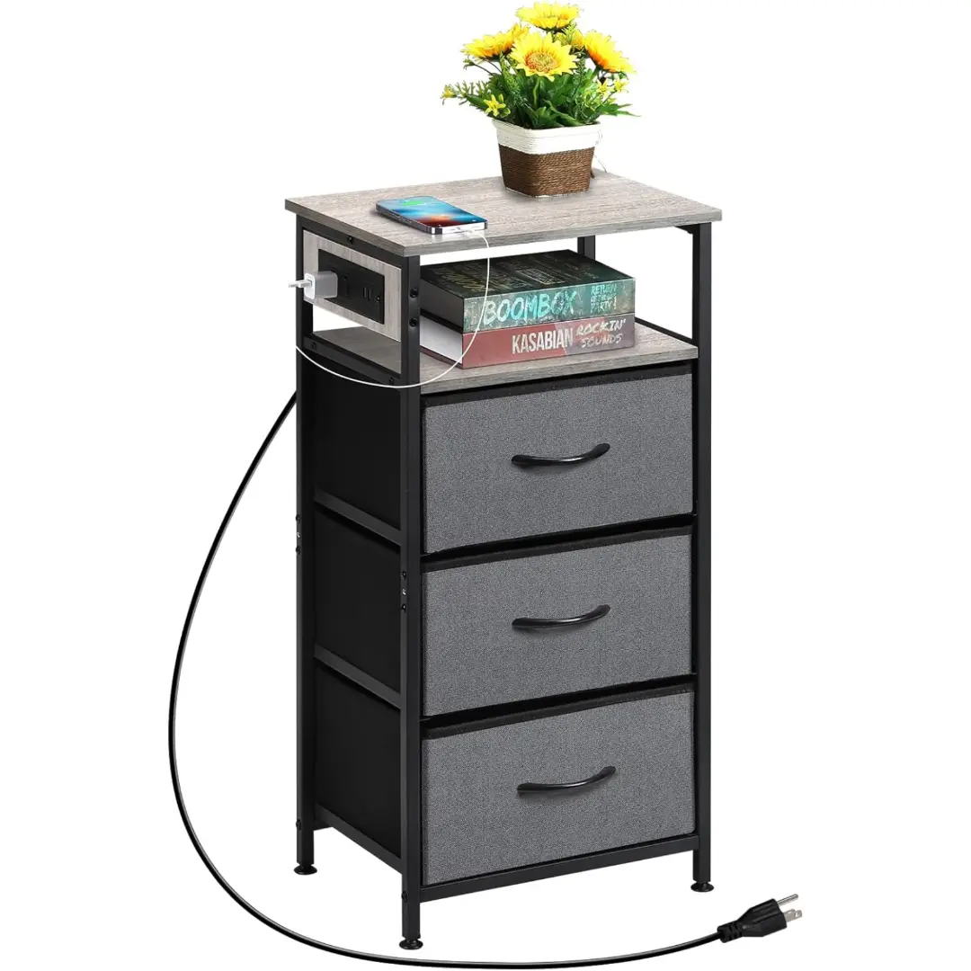 Industrial Grey 2-Tier End Table Furniture - Linen Fabric, 3 Drawers, Built-in Charging Station with 2 Standard Plugs, Double Shelves, 15.7"d x 11.8"w x 30"h Compact Organizer for Home Vertical Storage, Ideal for Bedroom, Sofa Side