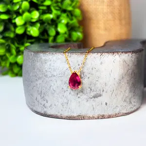 Dainty Ruby Birthstone Necklace – Pear Cut Gemstone Pendant – Dainty January Birthstone Jewelry – Minimalist 18k Gold Necklace