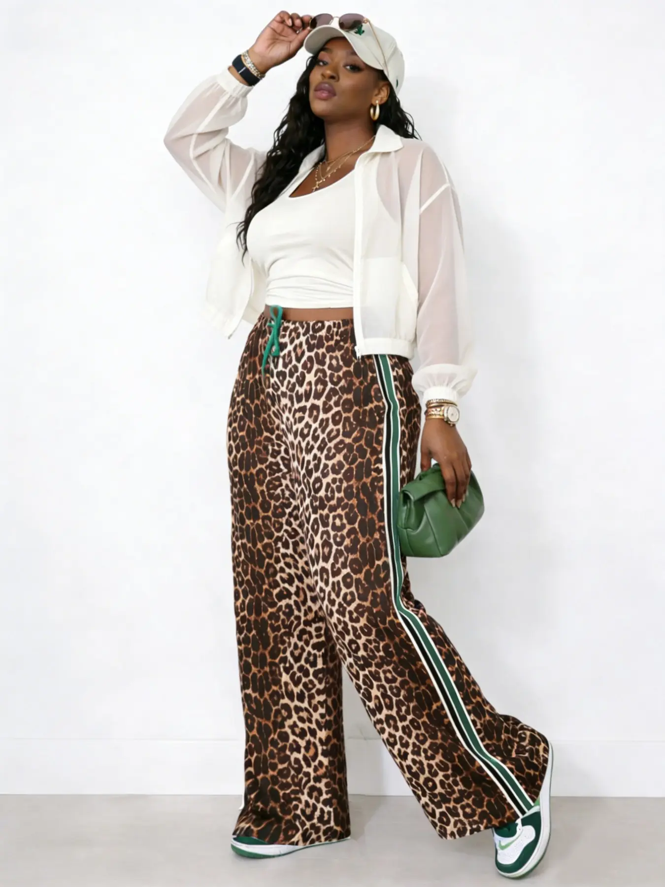 Leopard Print Side Stripe Wide Leg Stretchy Casual Pants