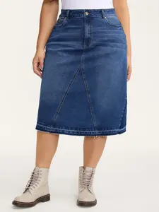 BLOOMCHIC Frayed No Slit Seamed Shadow Wash Denim Midi Skirt Fitted High Waist Casual Style for Women with Pocket Palda Minimalist Basic Summer Wear Midsize Bottoms Denimindigo Womenswear