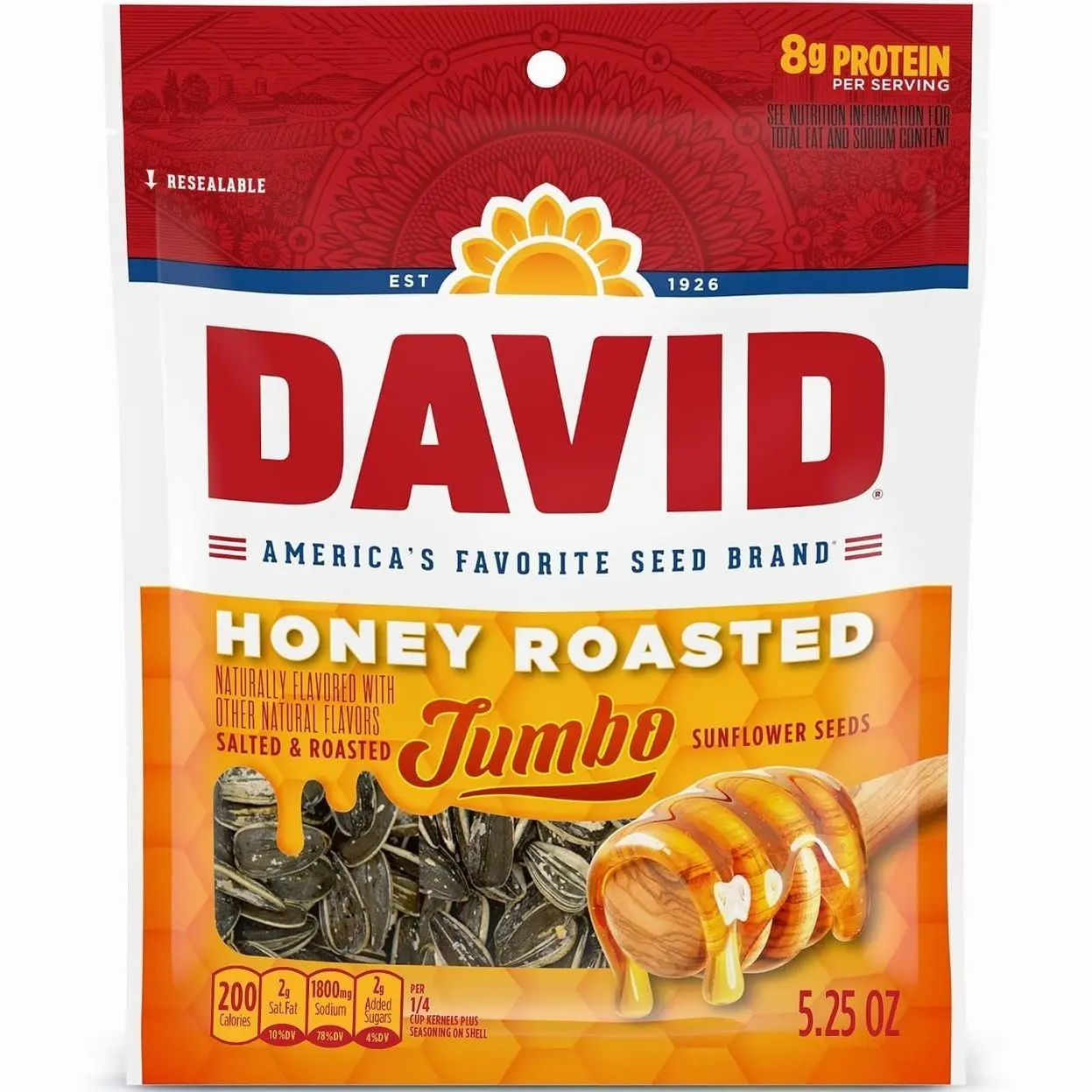 DAVID Jumbo Sunflower Seeds, Honey Roasted Flavor, Easter Basket Stuffer for Baseball Players, 5.25 oz.