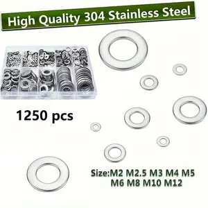 1250pcs 304 stainless steel flat washers classification kit (M2 M2.5 M3 M4 M5 M6 M8 M10 M12) for home decoration, factory repair, kitchen, shop and outdoor work Hex Nuts Hex Cap Screws