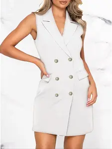Elegant Formal Chic Sleeveless Blazer Dress with Dual Button Collar, Fitted Mini Skirt Design with Pockets, Perfect for Office, Workwear & Party Wear, Womenswear