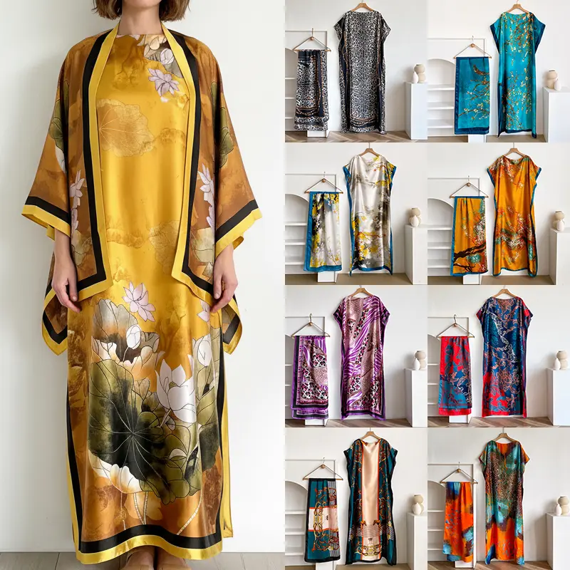 Women's Casual Floral Print 2-Piece Dress Set with Loose-Fit Maxi Skirt, Short Sleeve Top, and Matching Long Scarf for Summer, Sleeves, Comfortable, Elegance, Women's Clothing