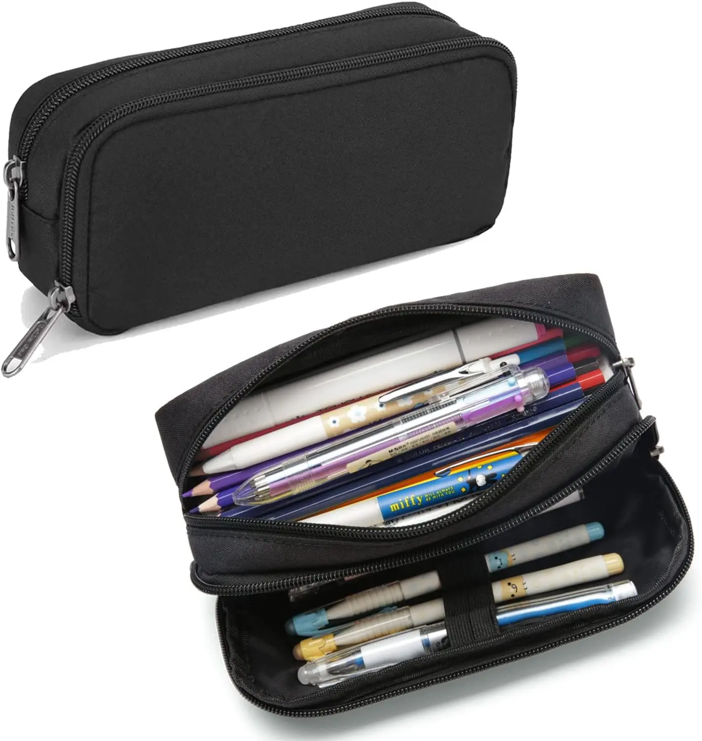 Black Large-Capacity Pencil Pouch - Simple Sturdy Multifunctional Office Stationery Organizer for Men (Writing & Correction Tools Accessory)