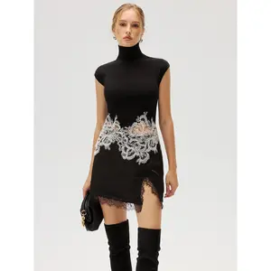 Contrast Lace Panel Sleeveless Turtleneck Vest