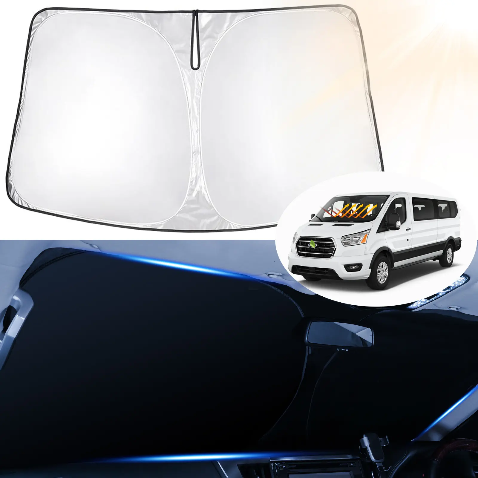 Canvcle Custom Fit Car Window Shade for 2015-2026 Ford Transit Wagon XL/XLT, Cargo Vehicle, Connect Van XL - Durable Shade Device Front Window, 5-Layer 240T Material, Blocks 99% of UV Rays, Foldable Visor, Easy Installation & Storage, Faster AC Cooling, D