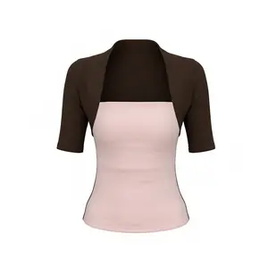 FDR Mock Layered Shrug Tee Slim Fit Tube & Half Sleeve Contrast Color Slimming Illusion for Y2K Streetwear Soft Stretchy Knit Blend - Chic, Fabric Cropped Casual