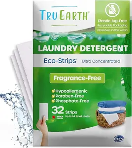 Dry Laundry Detergent Sheets, Unscented - Up to 64 Loads (32 Sheets) - Paraben-Free - Original Eco-Strip Liquid less Laundry Detergent, Travel Laundry Sheets