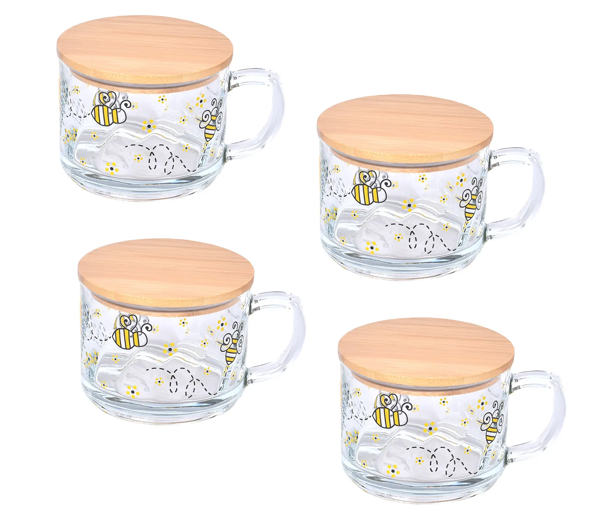 Temp-tations Set of (4) 16-oz Glass Mugs with Wood Lids Dinnerware Kitchenware