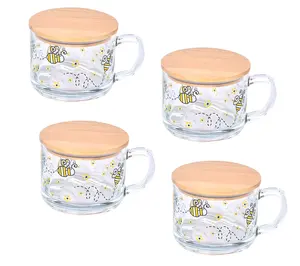 Temp-tations Set of (4) 16-oz Glass Mugs with Wood Lids Dinnerware Kitchenware