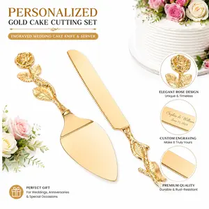Personalized Gold Cake Cutting Set – Engraved Wedding Cake Knife & Server, Custom Bridal Gift for Bride & Groom (Style F-Rose)