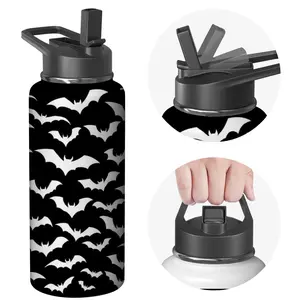 Stainless Steel Water Bottle with Flip Lid - Black and White Bat Pattern - Outdoor Sports and Daily Use