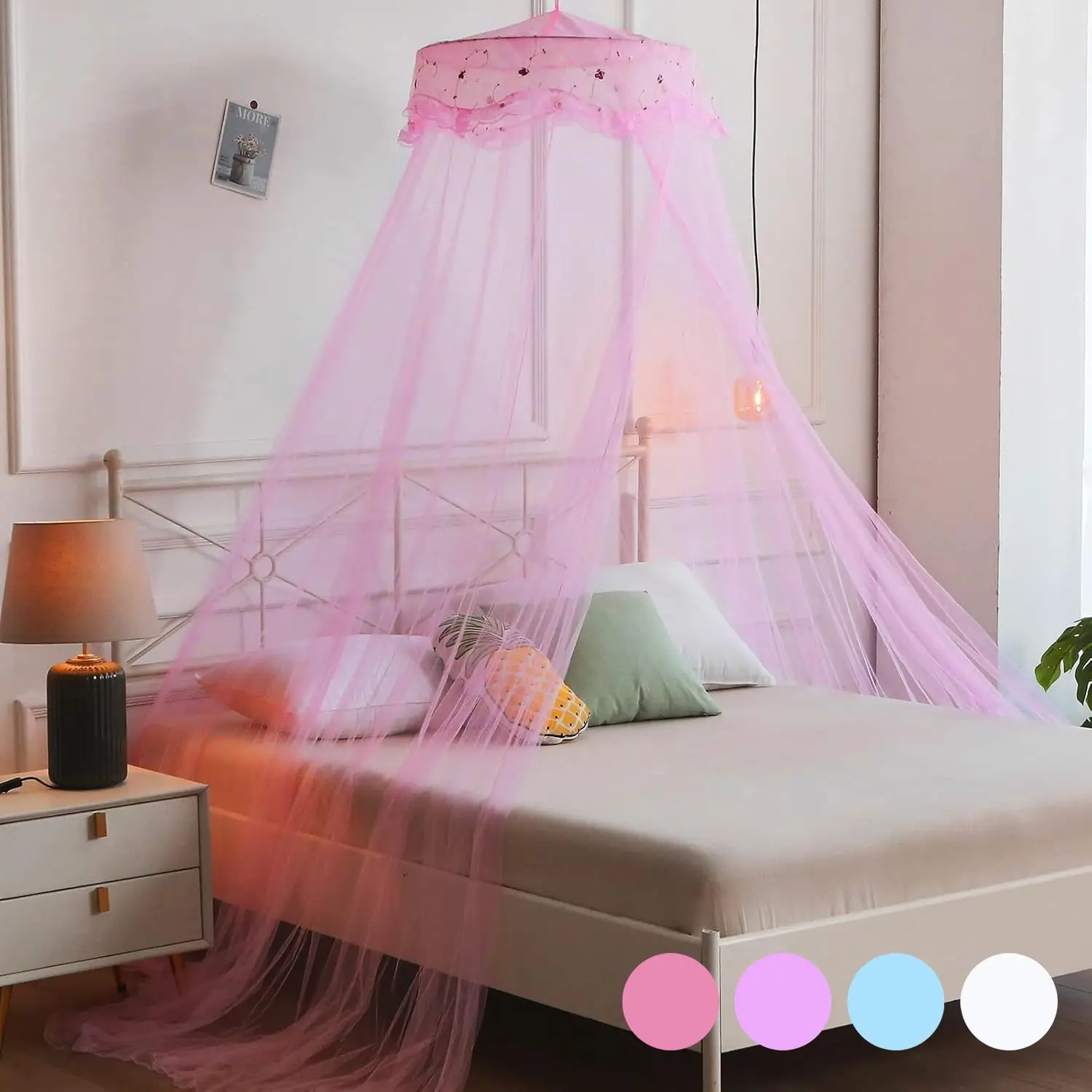 Round Rose Pattern Lace Bed Curtain, Mosquito Netting Curtains, Ceiling Hanging Mosquito Net, Princess Style Bed Drape, Suitable for Single, Twin, King, Extra King Beds, Bedroom Decor
