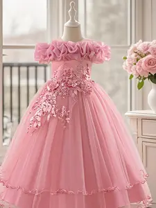 Off Shoulder Sequin Tulle Party Princess Dress, Elegant Sweater Dress for Evening Party, Kids Clothes for Birthday Host Piano Recital, Tulle Overlay Dress, Quinceaneras Dresses, Embroidered Tulle Dress