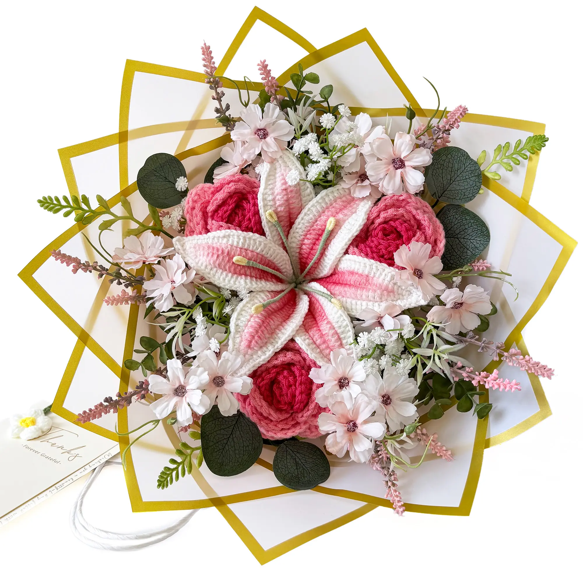 Handmade Crochet Decorative Round Flower Bouquet - Pink Lilies Flowers, Rose, Lavender, Eucalyptus Home Decor, Gifts for Girlfriend with Gift Bag & Card (Birthday, Anniversary), Bouquet Flowers
