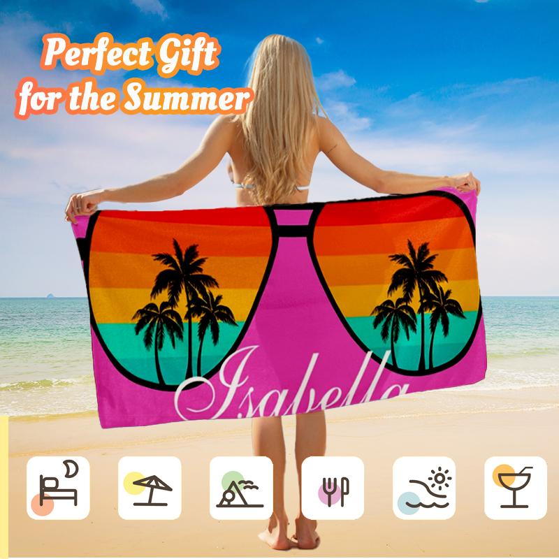 Personalized Retro Sunglasses Beach Towel, Custom Name Summer Palm Tree Pool Towel for Girls