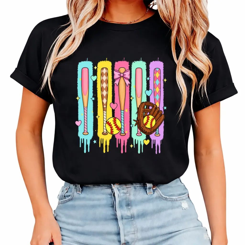 Softball Baseball T-Shirt, Game day tee, Colorful Paint Drip Baseball Bats Shirt, Cute Coquette Bow Softball Mitt Tee, Retro Summer Graphic White Top