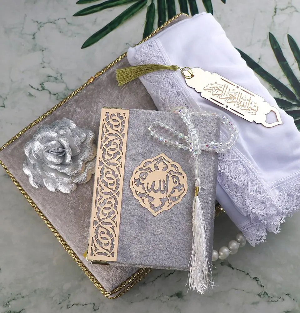 Luxury Pearl Islamic Gift Set - Velvet Box with Quran, Hijab, Tasbih, & Bookmark Grey