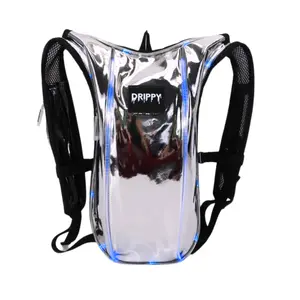 Drippy Silver LED Hydration Rave & Festival Bag - Lightweight 2L Bladder Backpack with Reflective Materials, Anti-theft Design, Water Resistant Zippers, and LED Lights for Safety