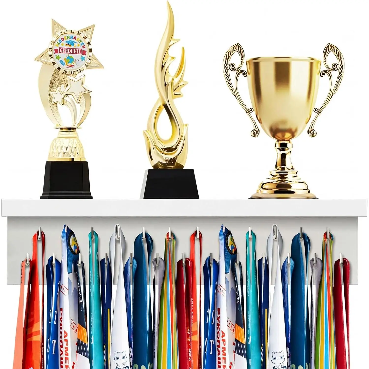 Wooden Medal Hanger Display Trophy Holder Shelf with 25/37/49/65/83 Hooks Wall Mount Ribbon Holder  for Gymnastics Running Soccer Awards