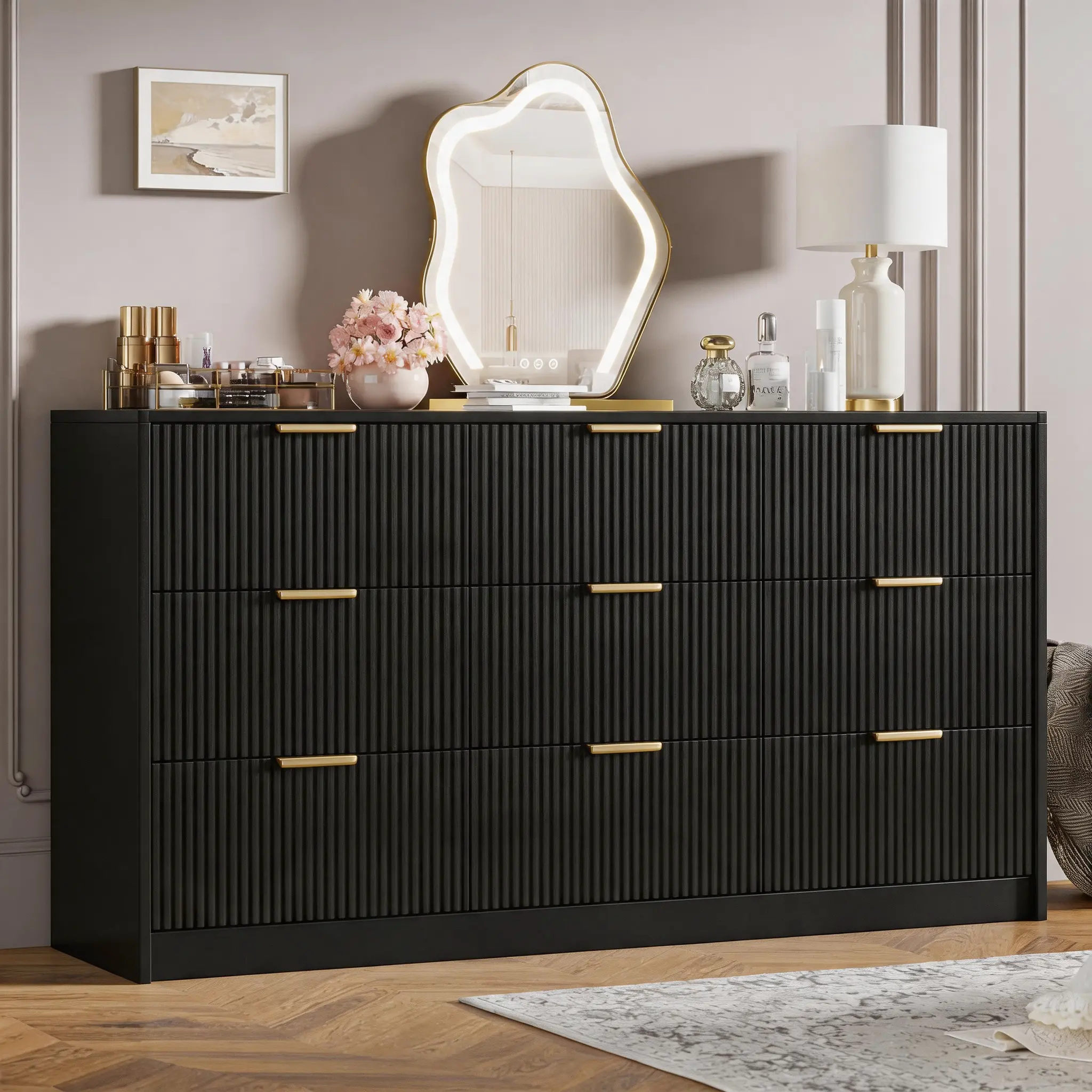 63" Wide Black 9-Drawer Modern Fluted Chest with Golden Metal Handles - Adjustable Storage Organizer, Large-Capacity Multi-Drawer Modern Luxury Cabinet for Bedroom, Living Room, Adjustable Storage Cabinets, Large-Capacity Cabinets