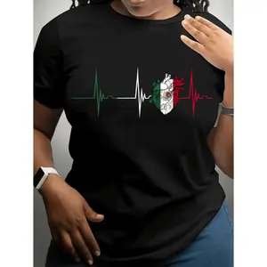 Women's Mexican Flag Heartbeat Graphic T-Shirt - Short Sleeve Crew Neck Casual Top with National Emblem Design, Medium Stretch Machine-Washable Black Shirt for Spring & Summer, Mexican T Shirt, Cultural Apparel, Vibrant Design, Co Crewneck Tshirt