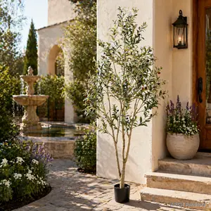 7ft (84in) Lifelike Decorative Artificial Olive Tree with Planter, 1-Piece Indoor Home Decor Accent in Black Plastic Pot
