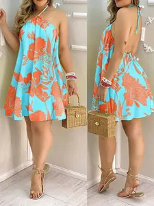 Women's Mini Dress with Halter Neck, Backless, Floral Pattern and Tie Details, Perfect for Spring Summer, Casual Loose-Fitting Sleeveless Style