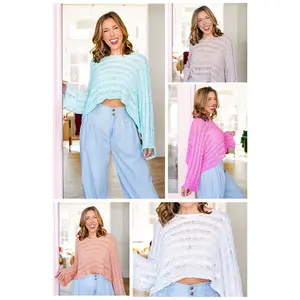 POL Cable Knit Long Sleeve Round Neck Cropped Sweater