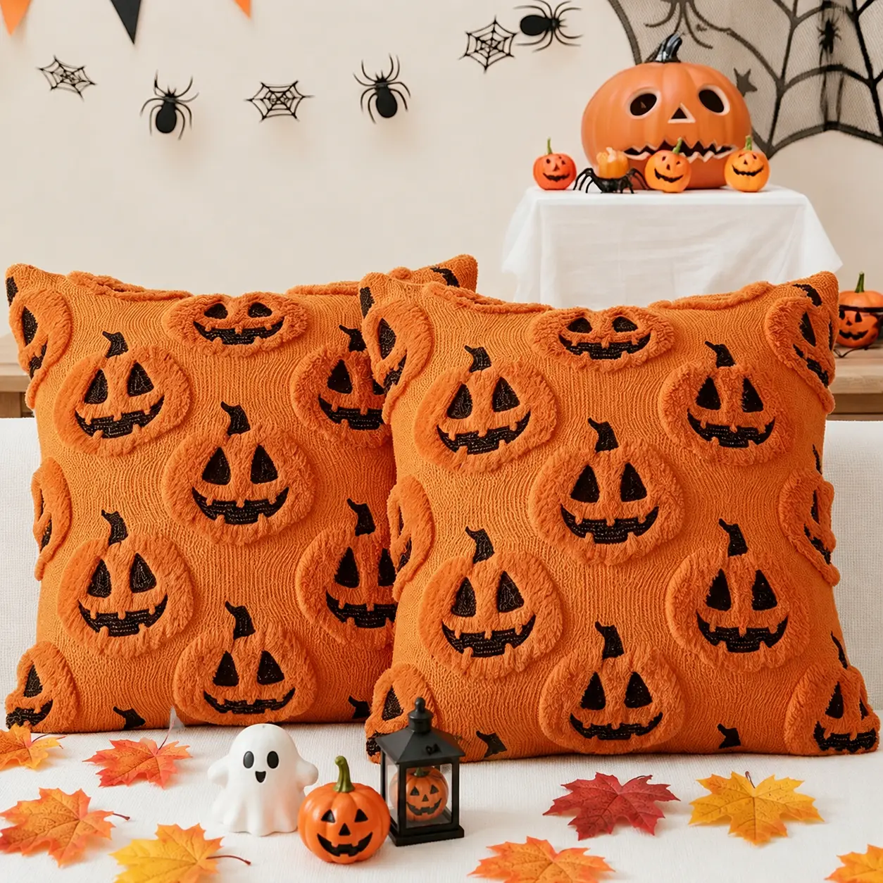 Modern Halloween Pumpkin Pillow Covers - 18x18 in Set of 2 Ghost-Themed Orange Black Soft Cushion Slipcovers, Hand Wash Only/Machine Wash, Fall Festive Home Decor for Sofa, Great Gifts for Friends