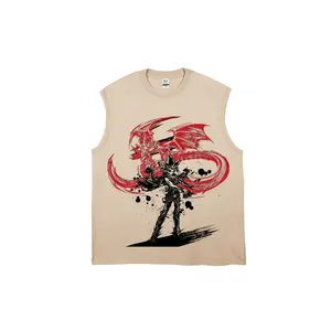 Red Dragon Accent Sleeveless Tank Top, Retro Fantasy Streetwear Muscle Tee, Beige Casual Cotton Top for Men Women