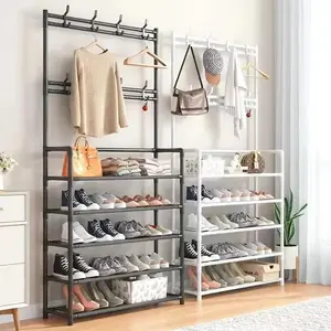 Coat Rack Shoe Rack With Storage Shelf Freestanding with8 Hooks for Entryway Bedroom Closet 5 Tier Black ModernDesign