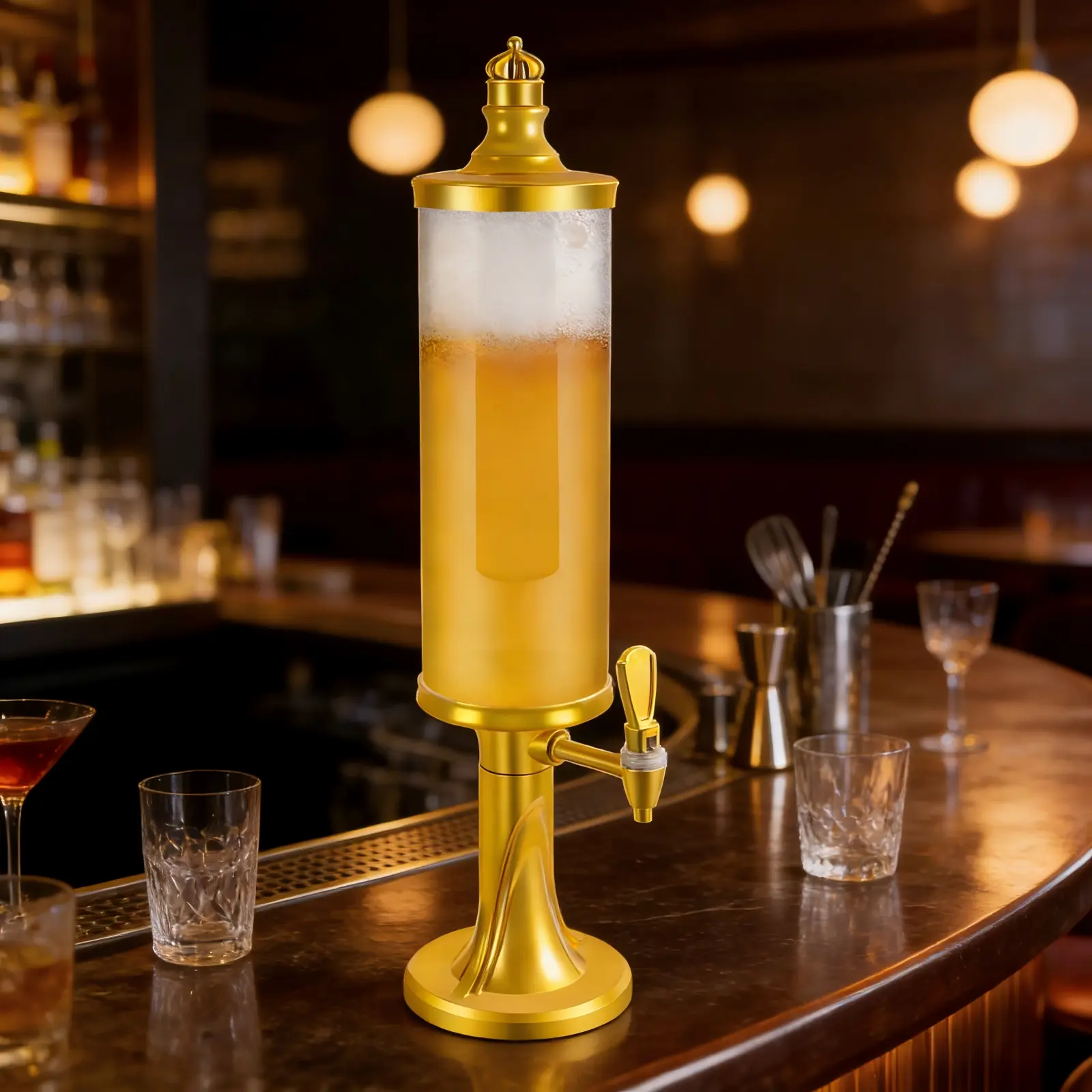 3L Gold Tower-Shape Beer Beverage Dispenser with Tap, LED Lights, Ice Tube, Freeze Tube - Modern Minimalist Home Supply for Banquets, Father’s Gift (Less Dilution)