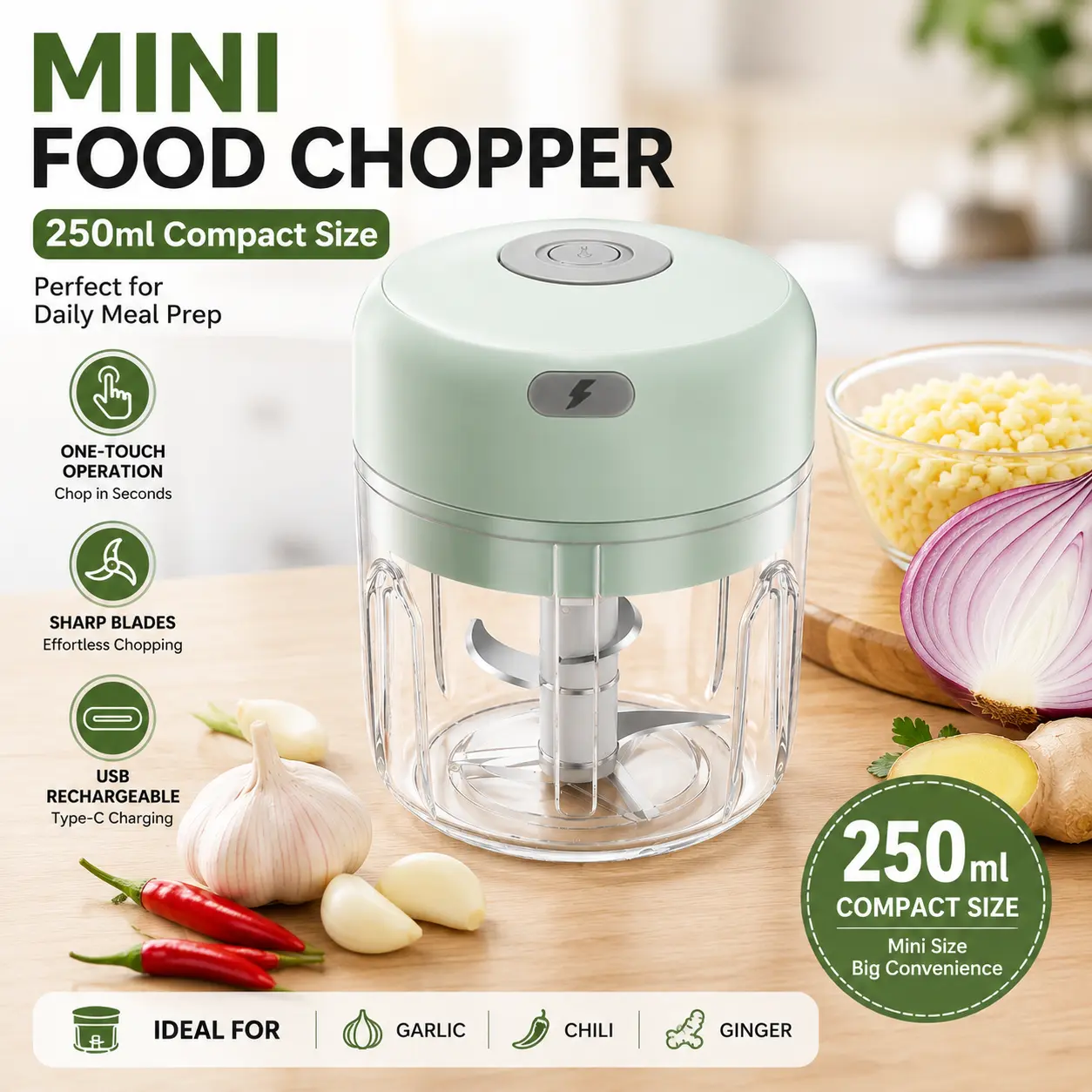 Portable Electric Food Chopper – Mini USB Rechargeable Vegetable Tool with Stainless Steel Blades, 1-Touch Operation for Busy Home Cooks, Glass Body, Dishwasher Safe Washable Kitchen Utensil