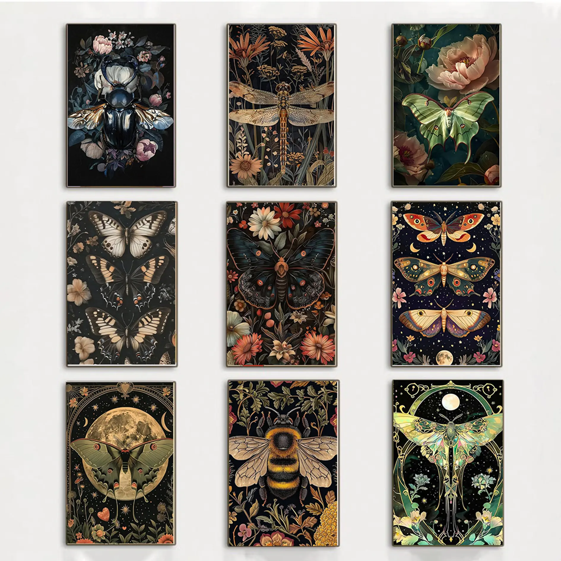 Poster featuring a melancholy moth, a dark butterfly, gothic insects, flowers, and a moonlit college-style canvas painting, a retro natural aesthetic poster print, and a melancholic night painting.