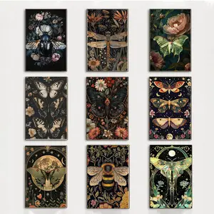 Poster featuring a melancholy moth, a dark butterfly, gothic insects, flowers, and a moonlit college-style canvas painting, a retro natural aesthetic poster print, and a melancholic night painting.