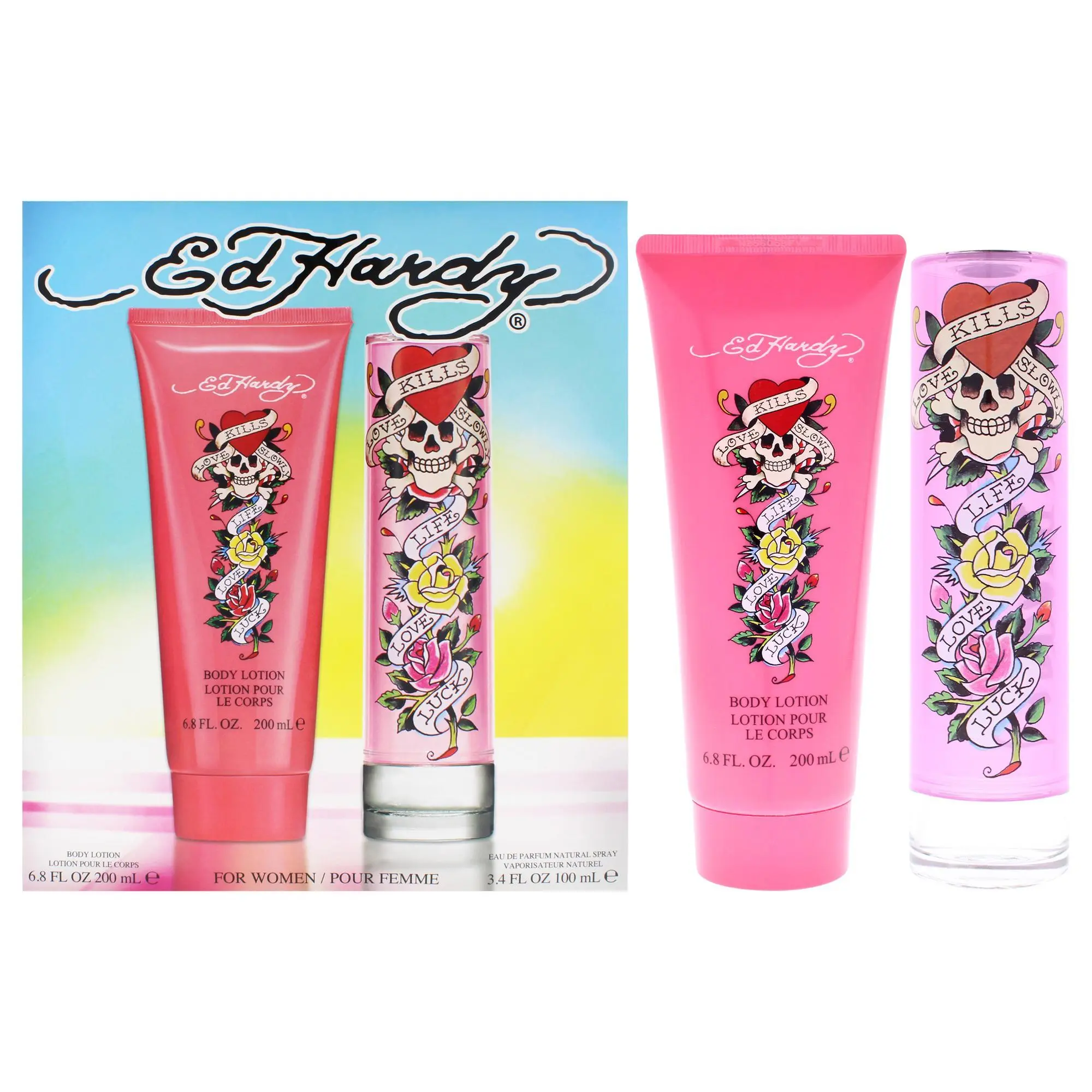Female Ed Hardy by Christian Audigier 2-Piece Gift Set - 3.4oz EDP Liquid Spray, 6.8oz Body Lotion Moisturizer for Body Care