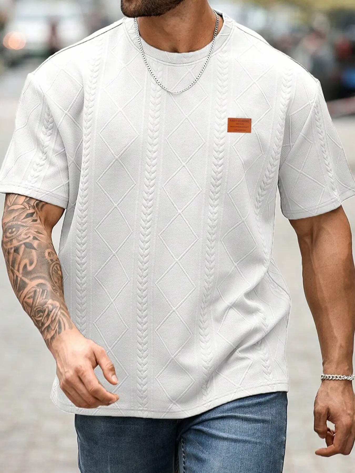 Men's Regular Fit Round Neck Jacquard Tee, Casual Comfy Fit Short Sleeve T-shirt for Summer, Fashion Men's Top for Daily Wear, Casual Style Tee, Fashion T Shirts